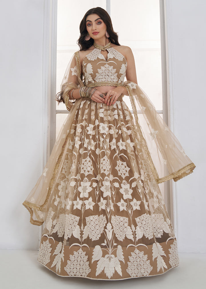 Buy Now Beige Tone to Tone Threads Embroidery Wedding Lehanga Choli Online in US, UK, Canada, France, Italy, Germany, Sweden, Austria &amp; Worldwide at Empress.