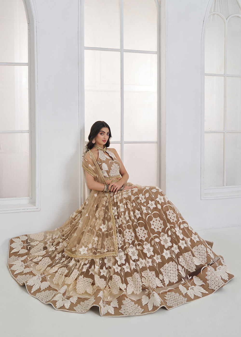 Buy Now Beige Tone to Tone Threads Embroidery Wedding Lehanga Choli Online in US, UK, Canada, France, Italy, Germany, Sweden, Austria &amp; Worldwide at Empress.