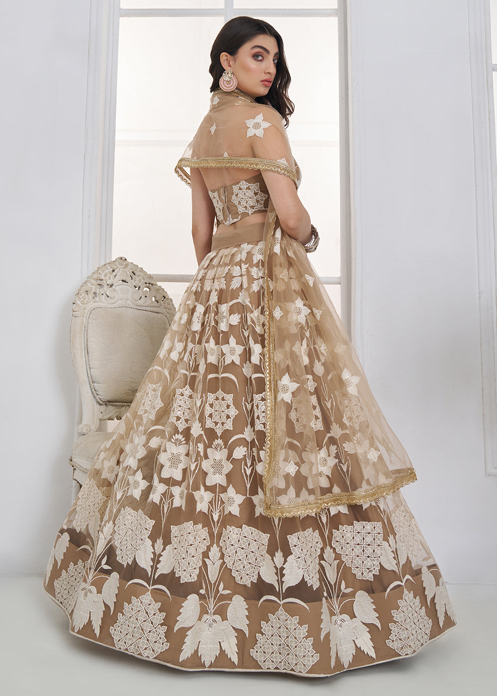 Buy Now Beige Tone to Tone Threads Embroidery Wedding Lehanga Choli Online in US, UK, Canada, France, Italy, Germany, Sweden, Austria &amp; Worldwide at Empress.