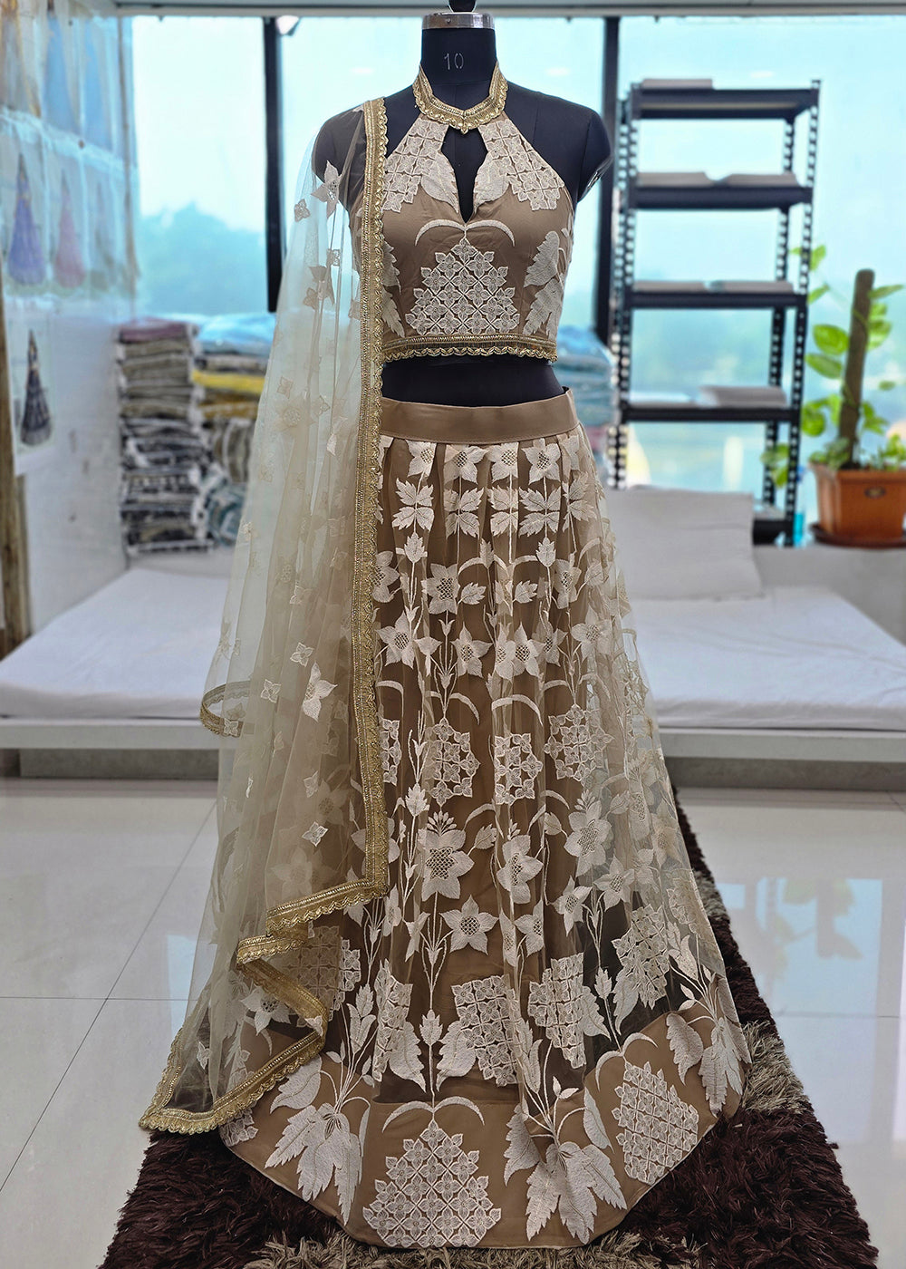 Buy Now Beige Tone to Tone Threads Embroidery Wedding Lehanga Choli Online in US, UK, Canada, France, Italy, Germany, Sweden, Austria &amp; Worldwide at Empress.