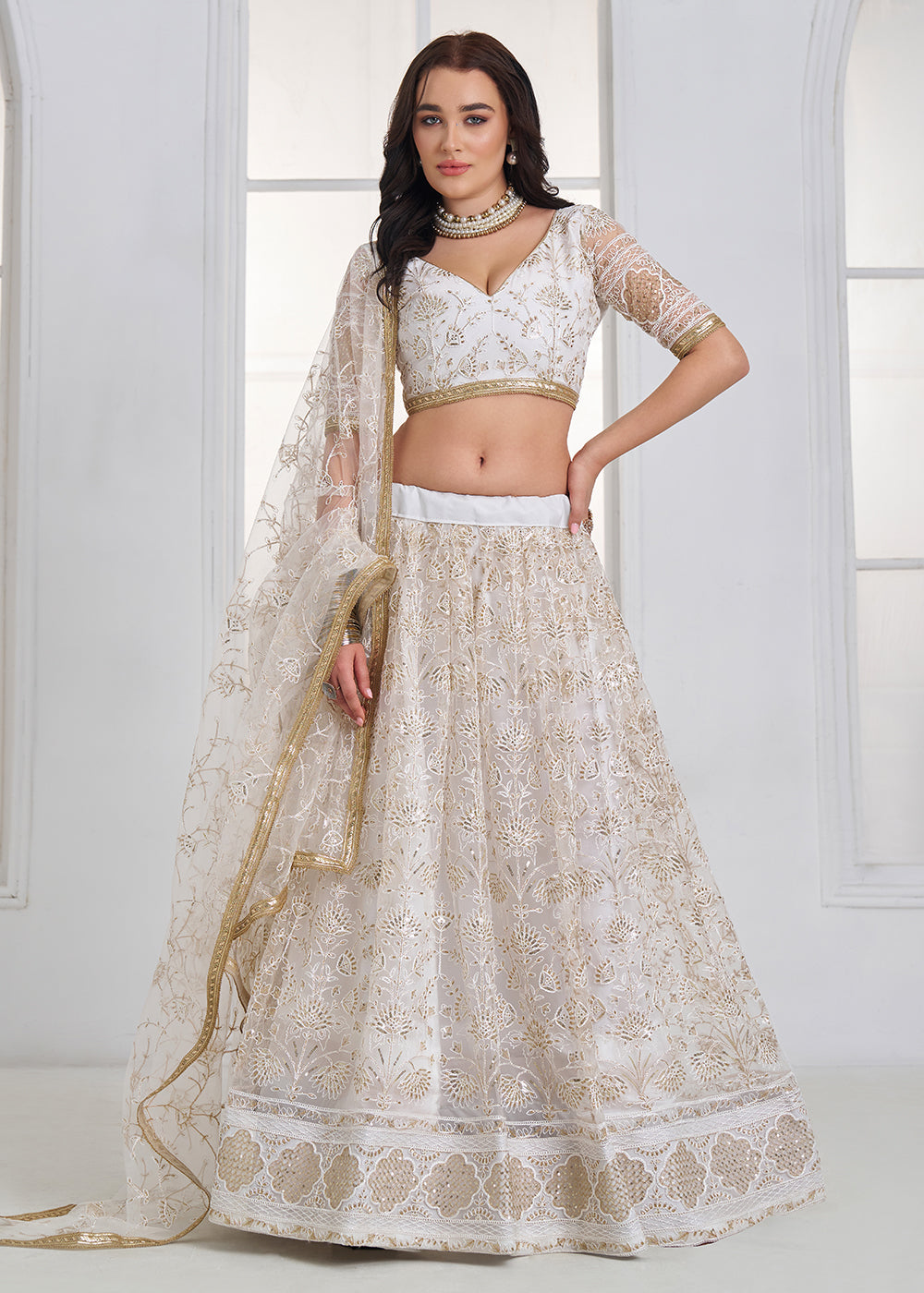 Buy Now Off White Tone to Tone Threads Embroidery Wedding Lehanga Choli Online in US, UK, Canada, France, Italy, Germany, Sweden, Austria &amp; Worldwide at Empress.