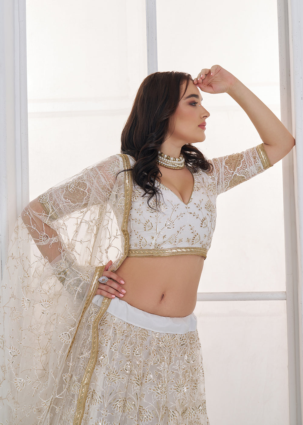Buy Now Off White Tone to Tone Threads Embroidery Wedding Lehanga Choli Online in US, UK, Canada, France, Italy, Germany, Sweden, Austria &amp; Worldwide at Empress.