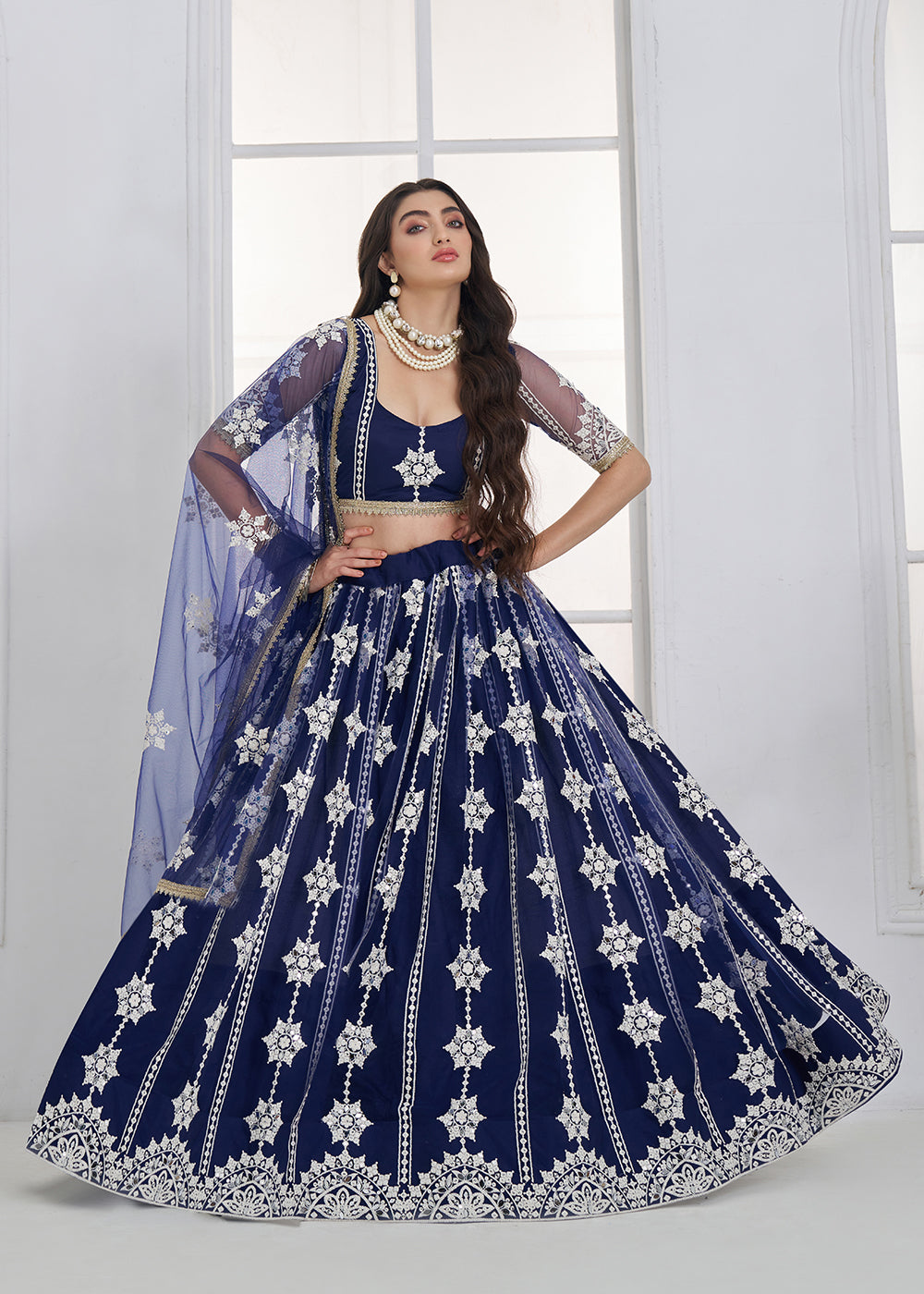 Buy Now Navy Blue Tone to Tone Threads Embroidery Wedding Lehanga Choli Online in US, UK, Canada, France, Italy, Germany, Sweden, Austria &amp; Worldwide at Empress