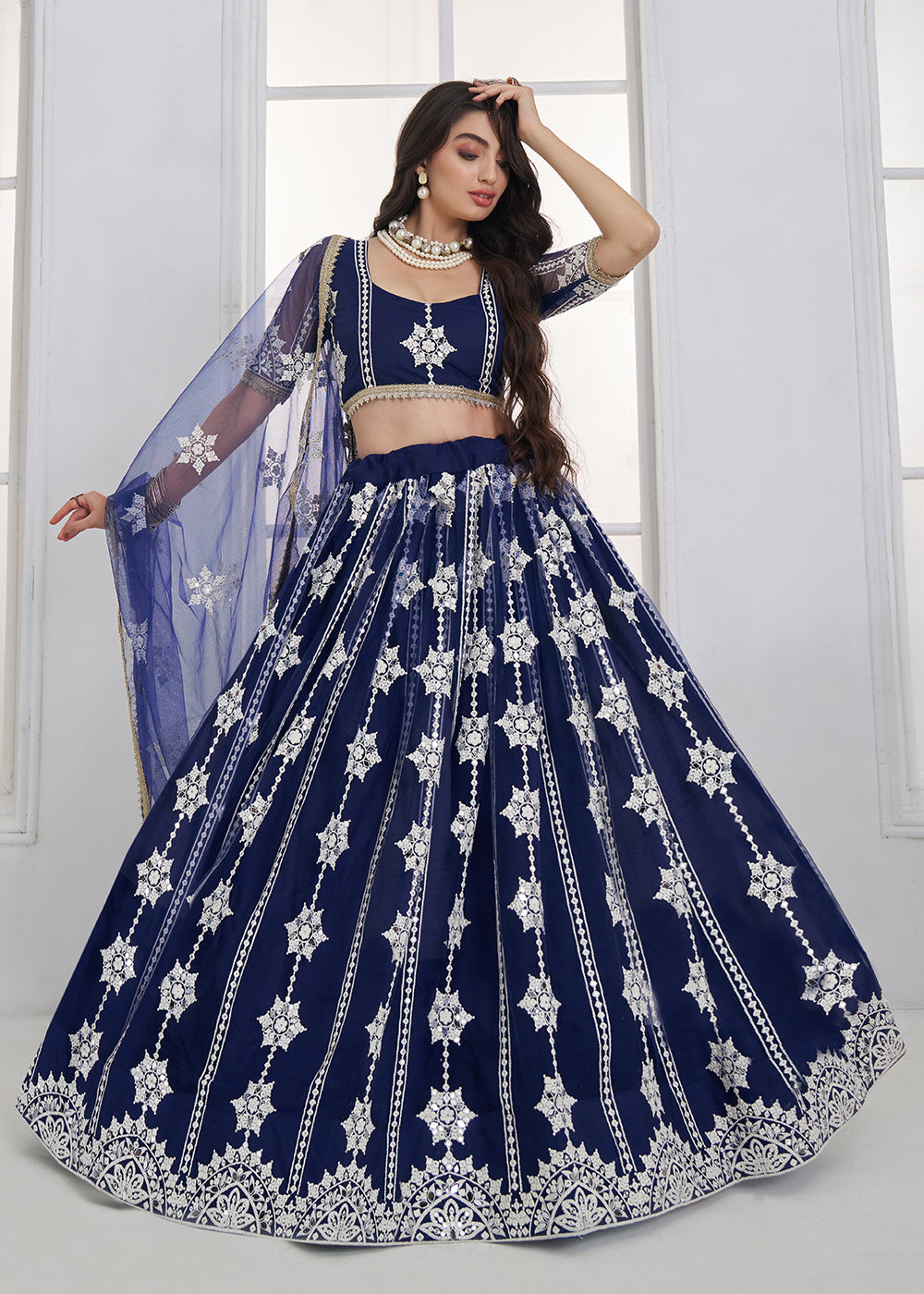 Buy Now Navy Blue Tone to Tone Threads Embroidery Wedding Lehanga Choli Online in US, UK, Canada, France, Italy, Germany, Sweden, Austria &amp; Worldwide at Empress