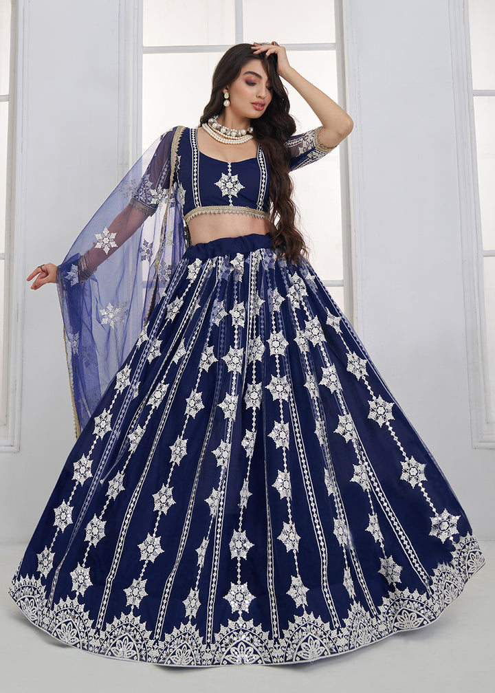 Buy Now Navy Blue Tone to Tone Threads Embroidery Wedding Lehanga Choli Online in US, UK, Canada, France, Italy, Germany, Sweden, Austria &amp; Worldwide at Empress