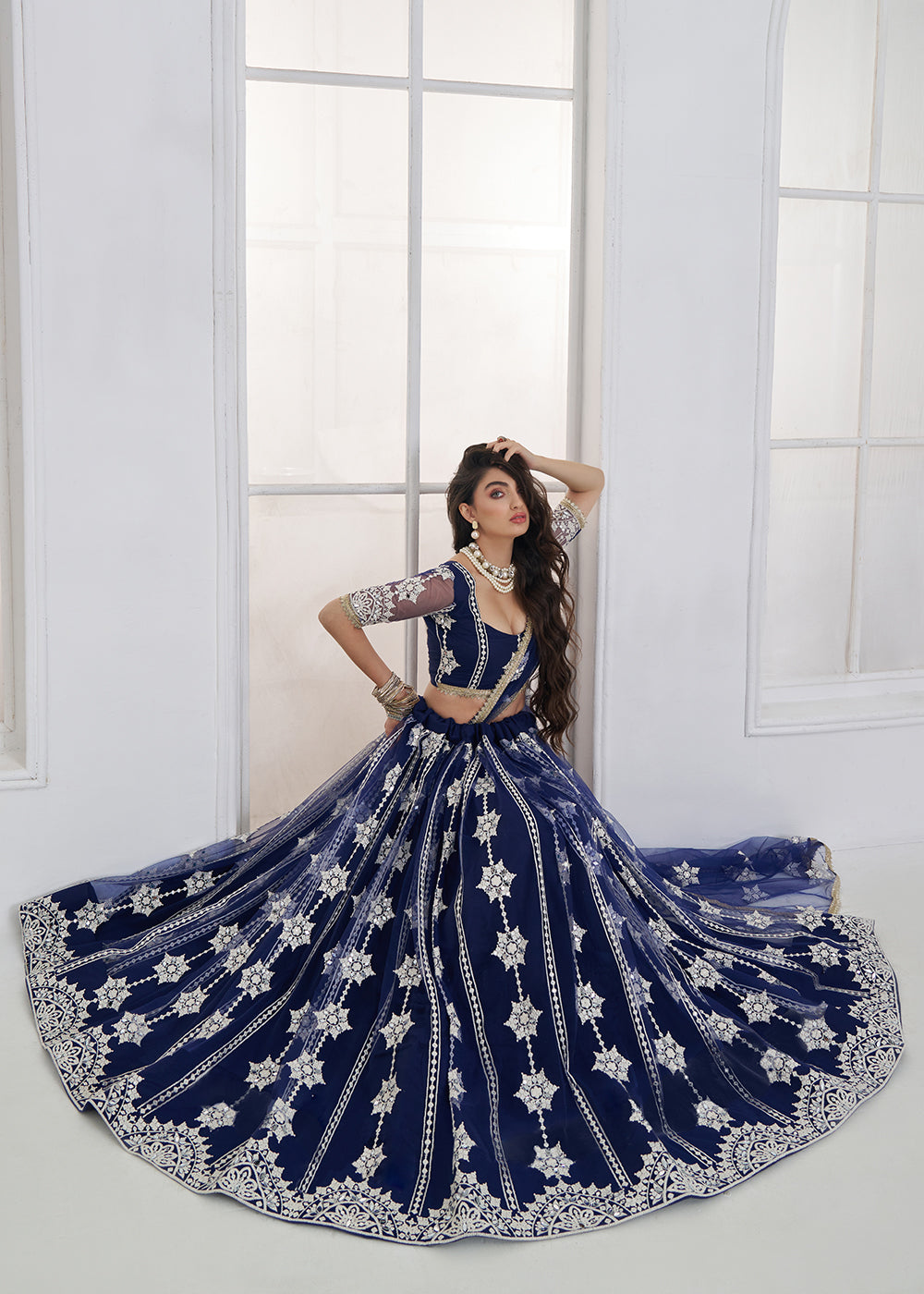Buy Now Navy Blue Tone to Tone Threads Embroidery Wedding Lehanga Choli Online in US, UK, Canada, France, Italy, Germany, Sweden, Austria &amp; Worldwide at Empress
