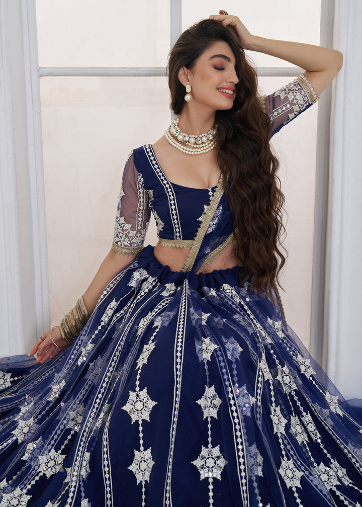 Buy Now Navy Blue Tone to Tone Threads Embroidery Wedding Lehanga Choli Online in US, UK, Canada, France, Italy, Germany, Sweden, Austria &amp; Worldwide at Empress