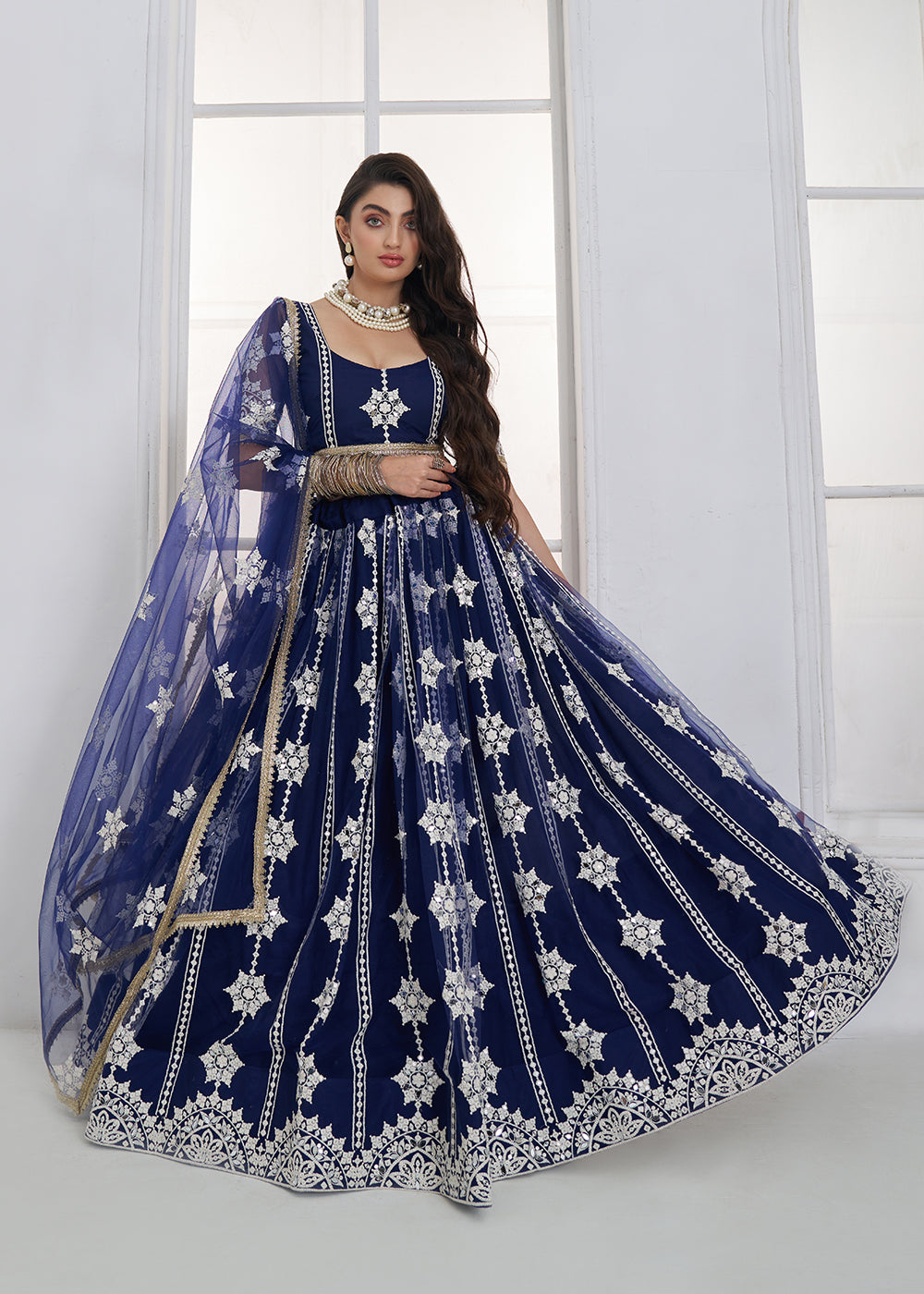 Buy Now Navy Blue Tone to Tone Threads Embroidery Wedding Lehanga Choli Online in US, UK, Canada, France, Italy, Germany, Sweden, Austria &amp; Worldwide at Empress