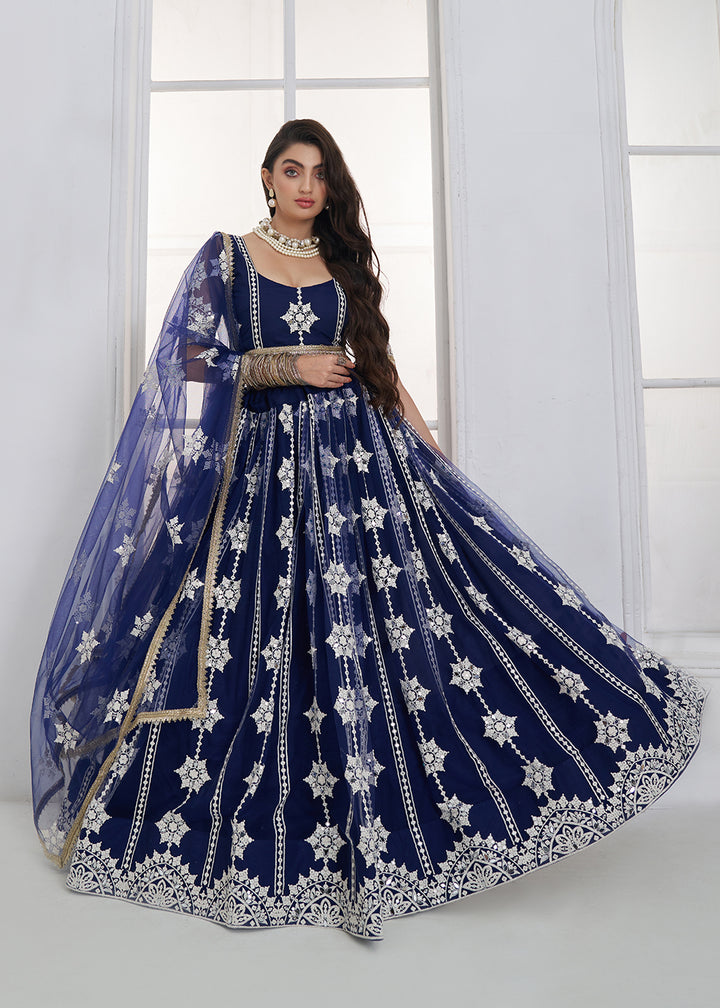 Buy Now Navy Blue Tone to Tone Threads Embroidery Wedding Lehanga Choli Online in US, UK, Canada, France, Italy, Germany, Sweden, Austria &amp; Worldwide at Empress