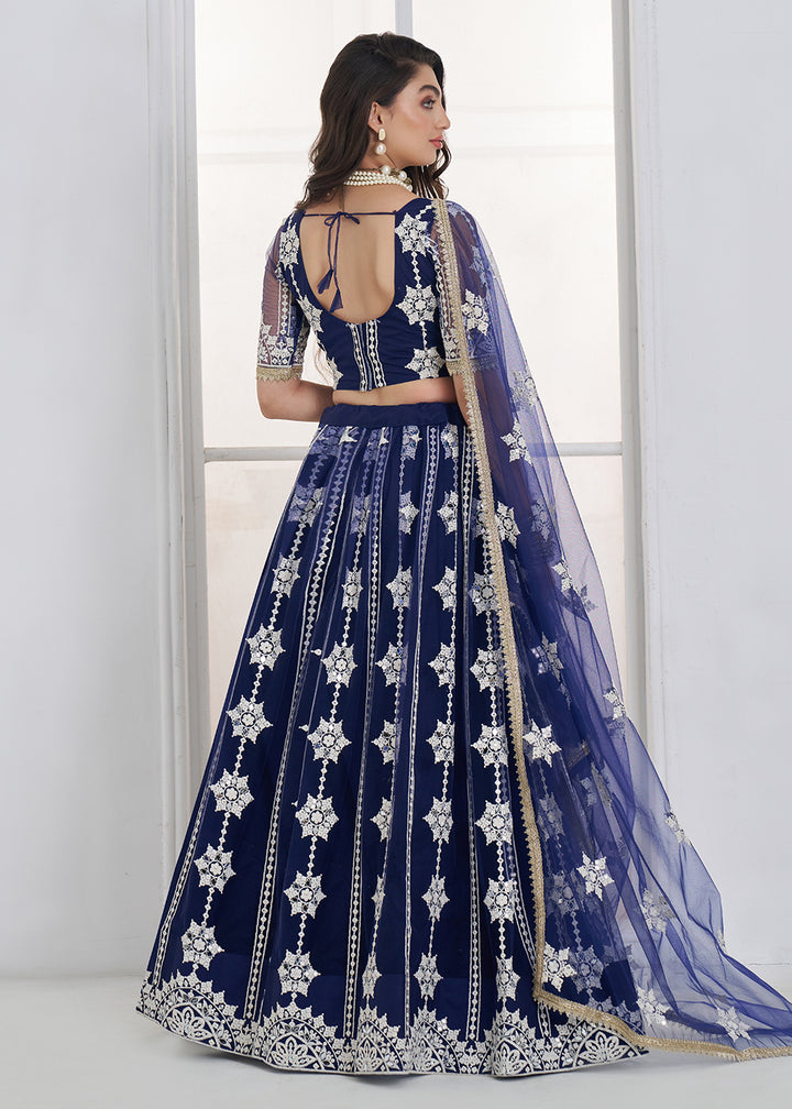 Buy Now Navy Blue Tone to Tone Threads Embroidery Wedding Lehanga Choli Online in US, UK, Canada, France, Italy, Germany, Sweden, Austria &amp; Worldwide at Empress