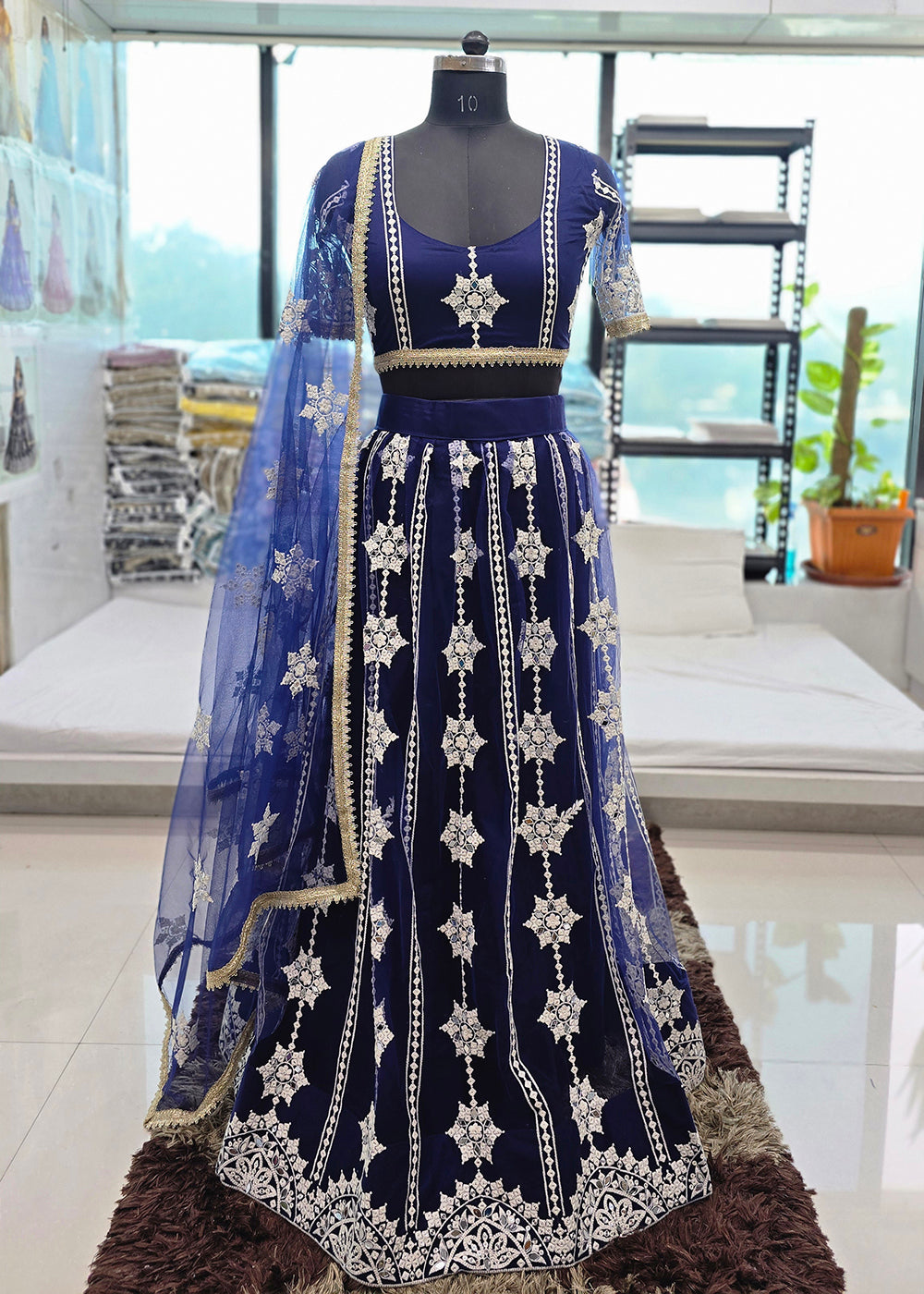 Buy Now Navy Blue Tone to Tone Threads Embroidery Wedding Lehanga Choli Online in US, UK, Canada, France, Italy, Germany, Sweden, Austria &amp; Worldwide at Empress
