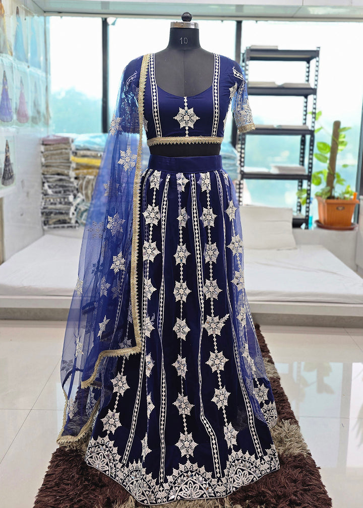 Buy Now Navy Blue Tone to Tone Threads Embroidery Wedding Lehanga Choli Online in US, UK, Canada, France, Italy, Germany, Sweden, Austria &amp; Worldwide at Empress