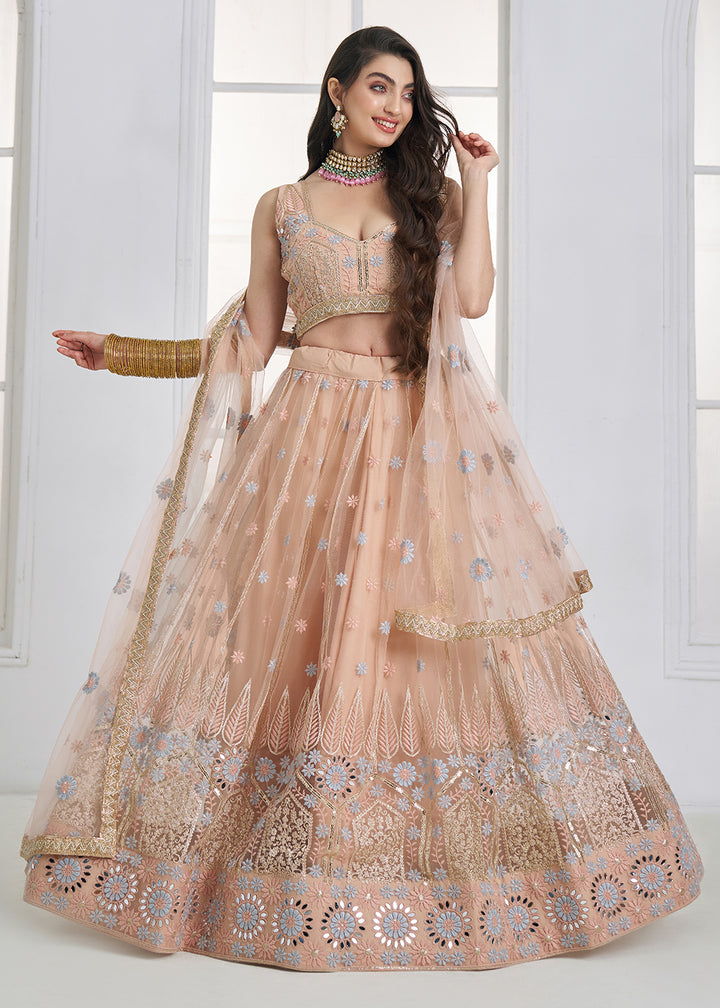 Buy Now Peach Tone to Tone Threads Embroidery Wedding Lehanga Choli Online in US, UK, Canada, France, Italy, Germany, Sweden, Austria &amp; Worldwide at Empress.