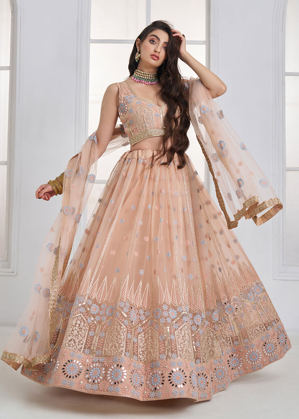 Buy Now Peach Tone to Tone Threads Embroidery Wedding Lehanga Choli Online in US, UK, Canada, France, Italy, Germany, Sweden, Austria &amp; Worldwide at Empress.