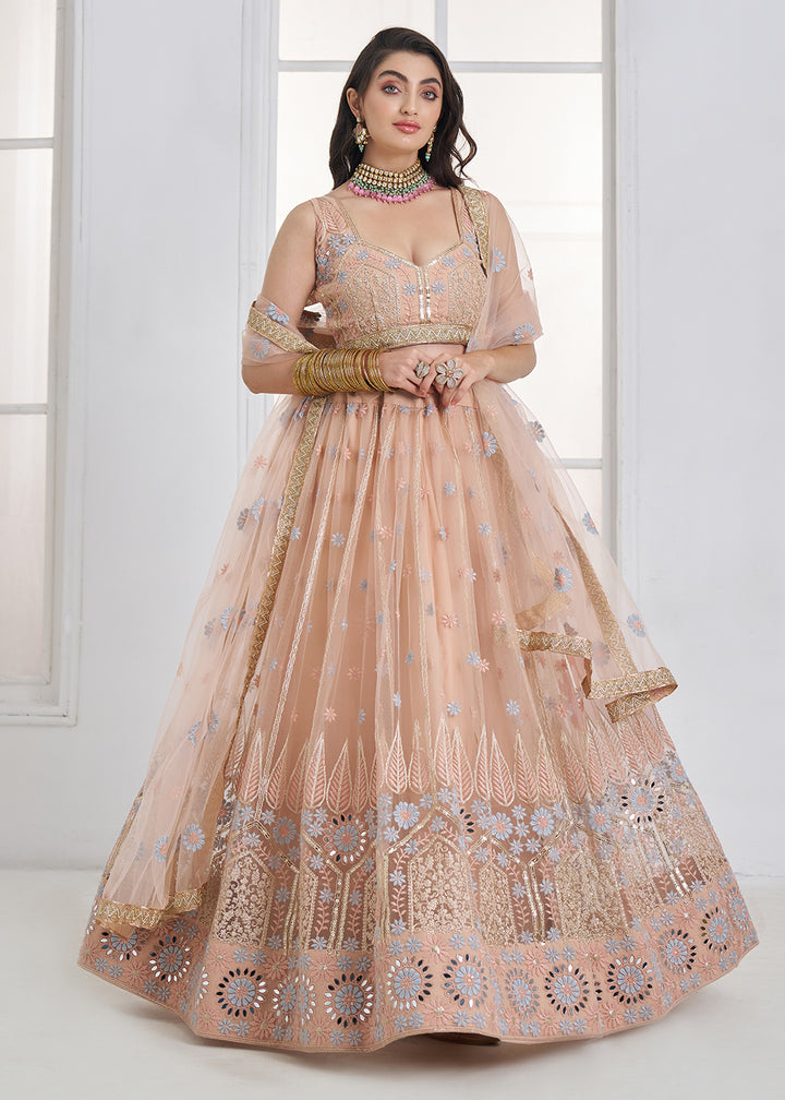 Buy Now Peach Tone to Tone Threads Embroidery Wedding Lehanga Choli Online in US, UK, Canada, France, Italy, Germany, Sweden, Austria &amp; Worldwide at Empress.
