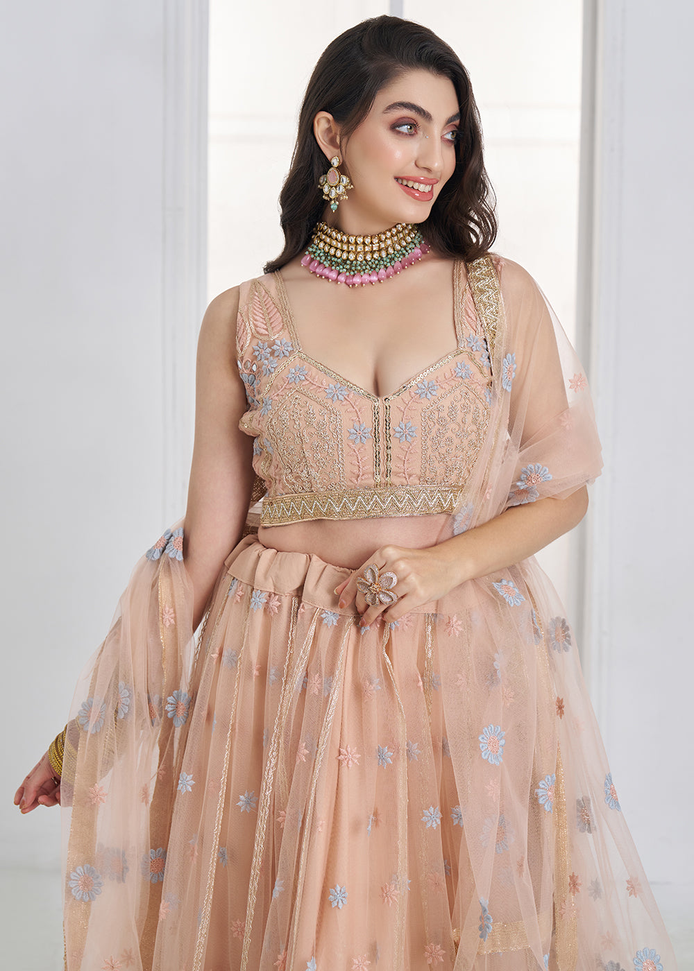 Buy Now Peach Tone to Tone Threads Embroidery Wedding Lehanga Choli Online in US, UK, Canada, France, Italy, Germany, Sweden, Austria & Worldwide at Empress.