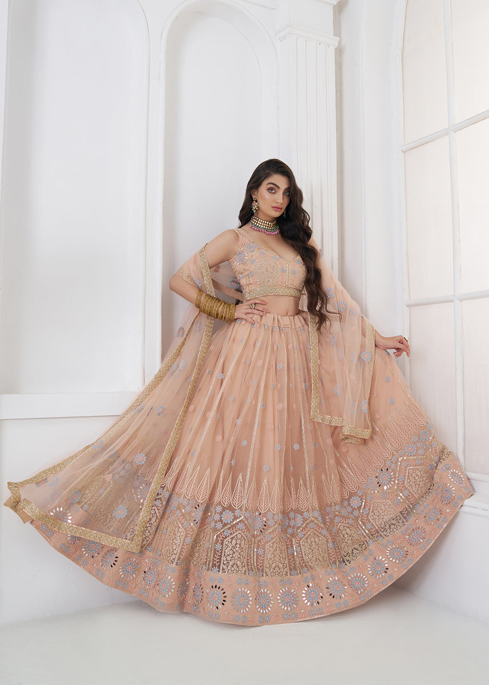 Buy Now Peach Tone to Tone Threads Embroidery Wedding Lehanga Choli Online in US, UK, Canada, France, Italy, Germany, Sweden, Austria &amp; Worldwide at Empress.