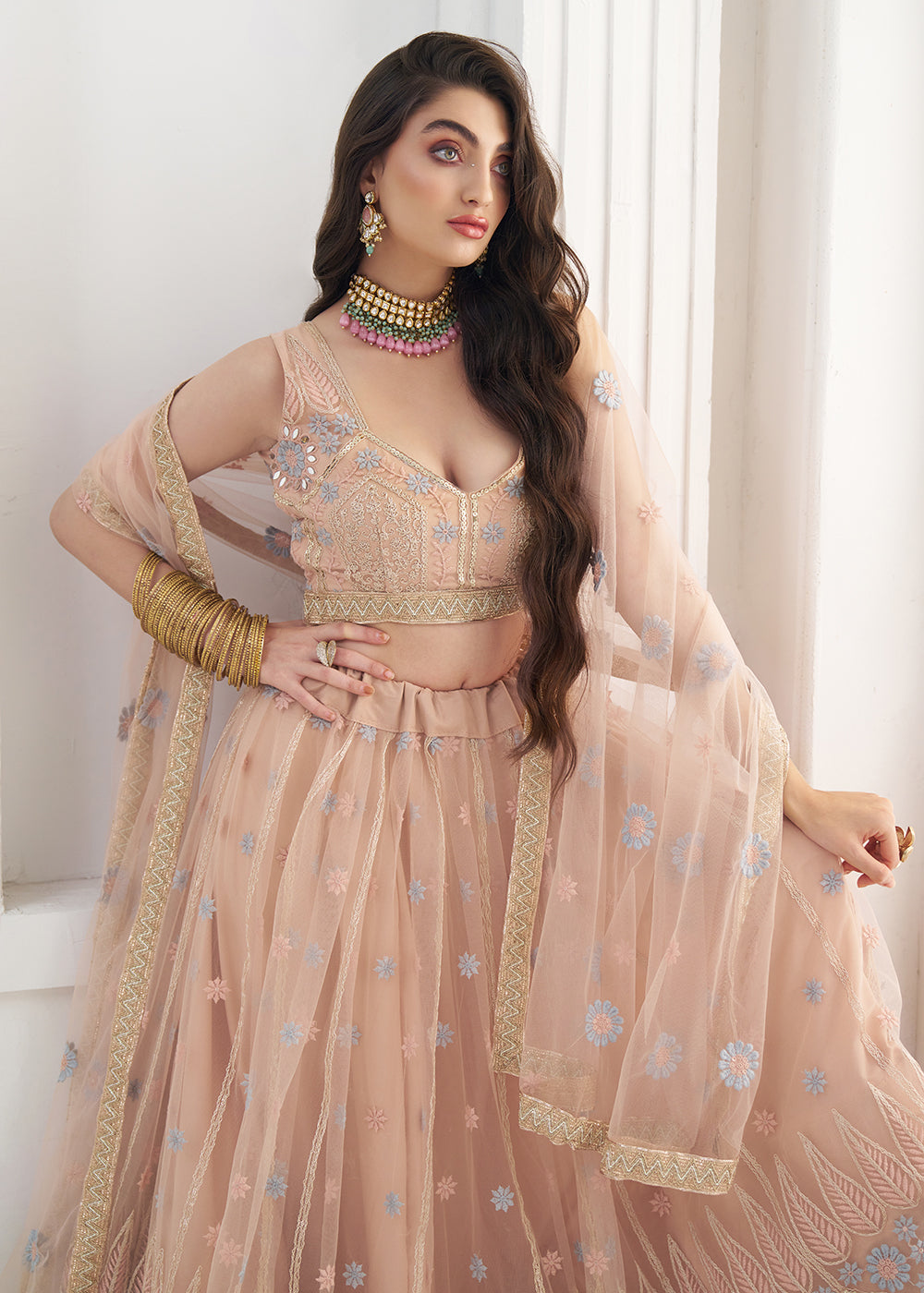 Buy Now Peach Tone to Tone Threads Embroidery Wedding Lehanga Choli Online in US, UK, Canada, France, Italy, Germany, Sweden, Austria &amp; Worldwide at Empress.