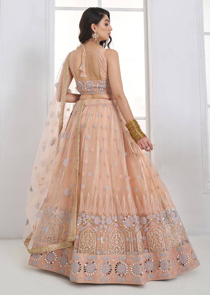 Buy Now Peach Tone to Tone Threads Embroidery Wedding Lehanga Choli Online in US, UK, Canada, France, Italy, Germany, Sweden, Austria &amp; Worldwide at Empress.