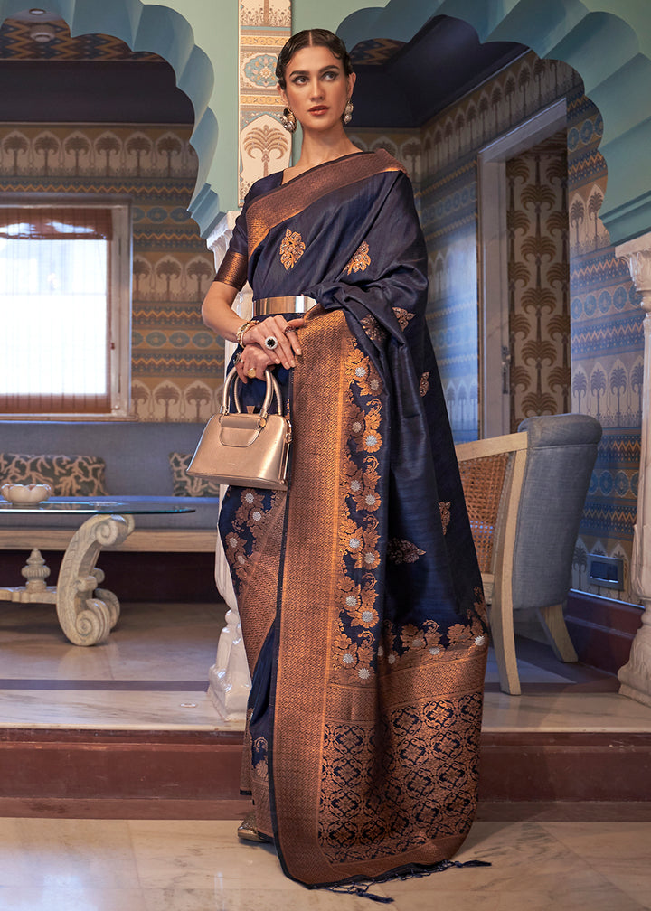 Buy Now Navy Blue Tussar Banarasi Silk Designer Saree Online in USA, UK, Canada & Worldwide at Empress Clothing. 
