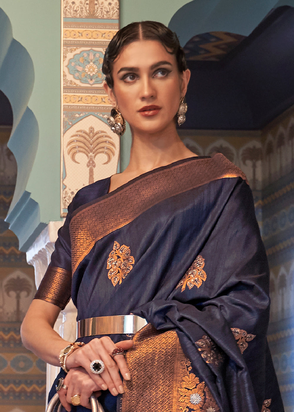Buy Now Navy Blue Tussar Banarasi Silk Designer Saree Online in USA, UK, Canada & Worldwide at Empress Clothing. 