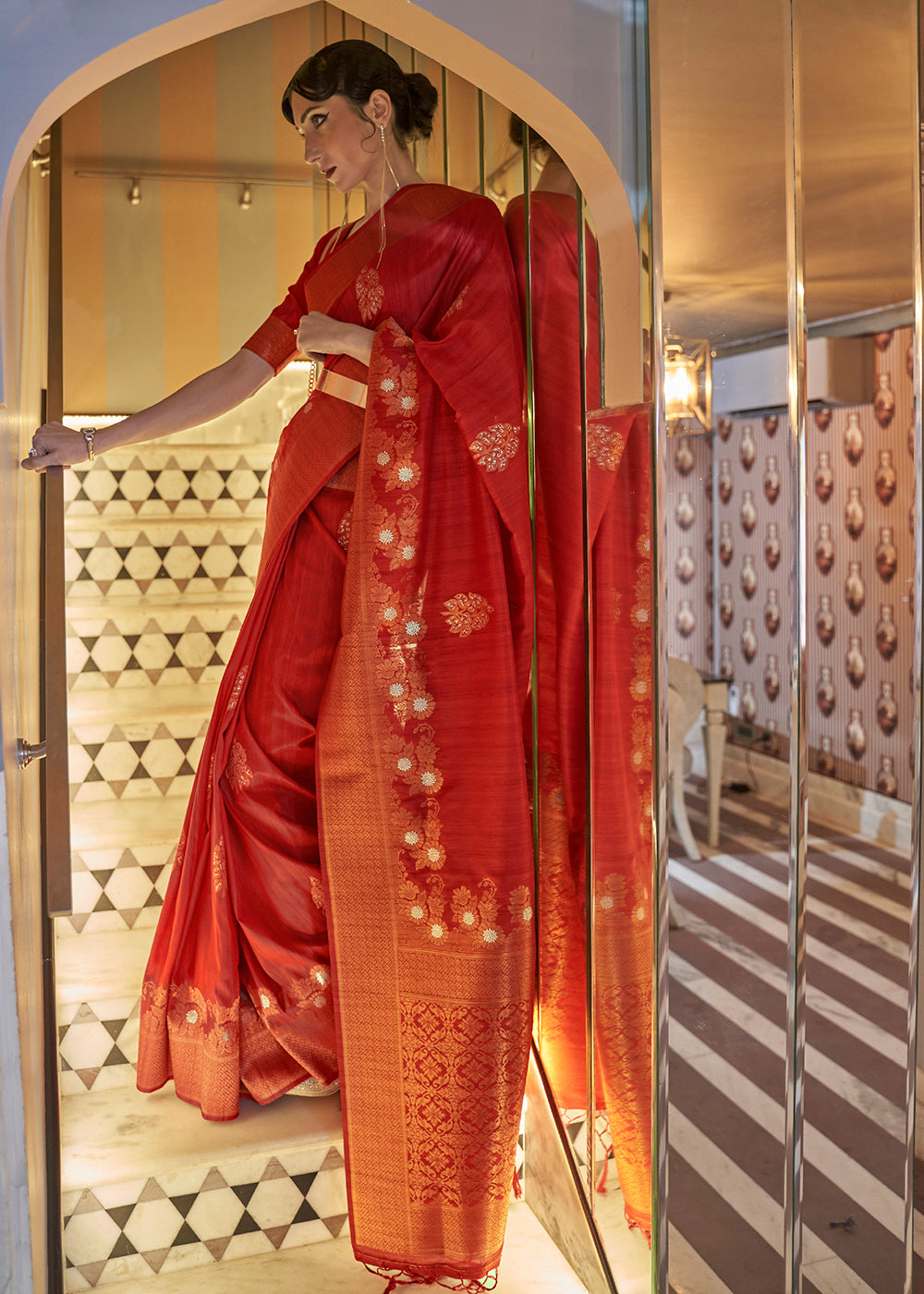 Buy Now Carrot Red Tussar Banarasi Silk Designer Saree Online in USA, UK, Canada & Worldwide at Empress Clothing. 