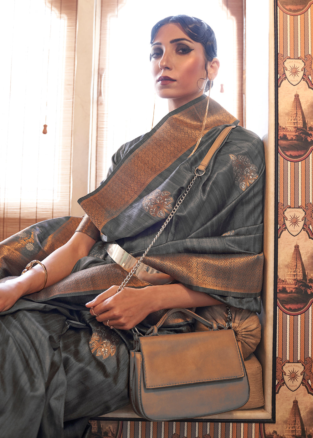 Buy Now Platinum Grey Tussar Banarasi Silk Designer Saree Online in USA, UK, Canada & Worldwide at Empress Clothing. 