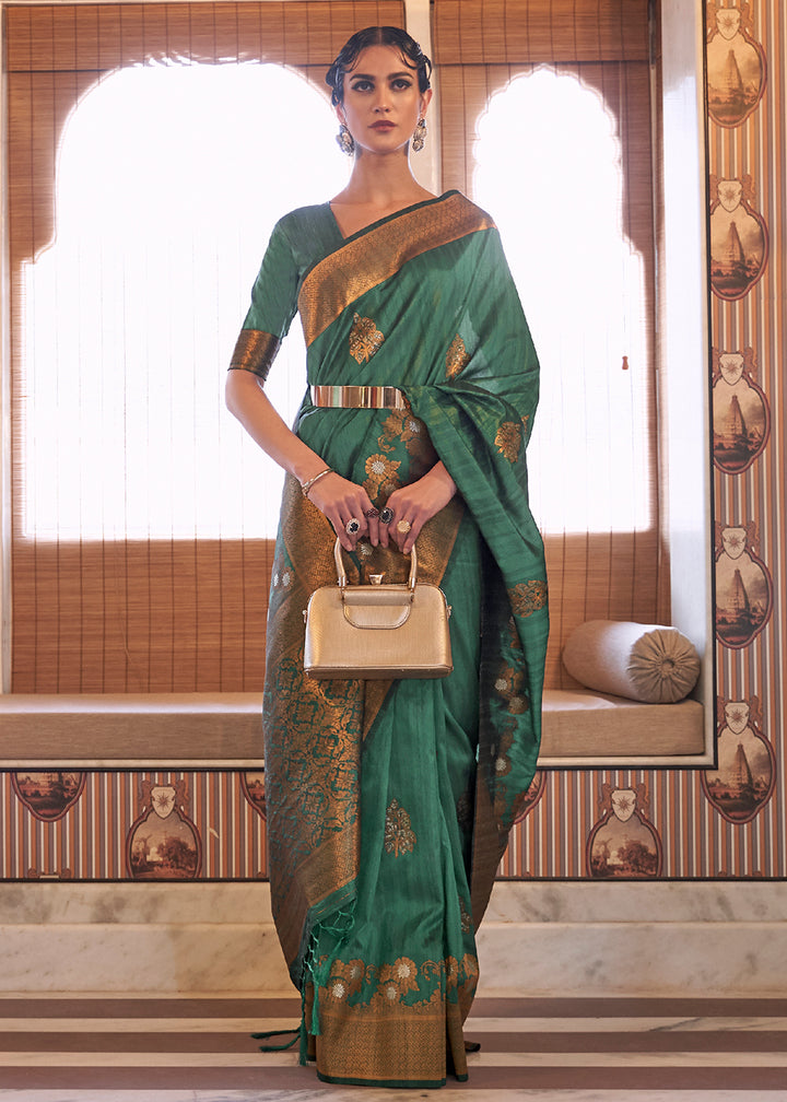 Buy Now Unique Green Tussar Banarasi Silk Designer Saree Online in USA, UK, Canada & Worldwide at Empress Clothing. 