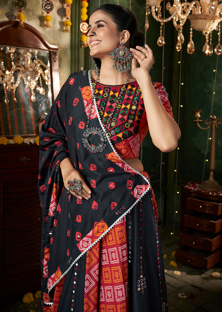 Buy Now Black Multicolor Printed & Mirror Work Chaniya Choli for Navratri Online in USA, UK, Canada & Worldwide at Empress Clothing.