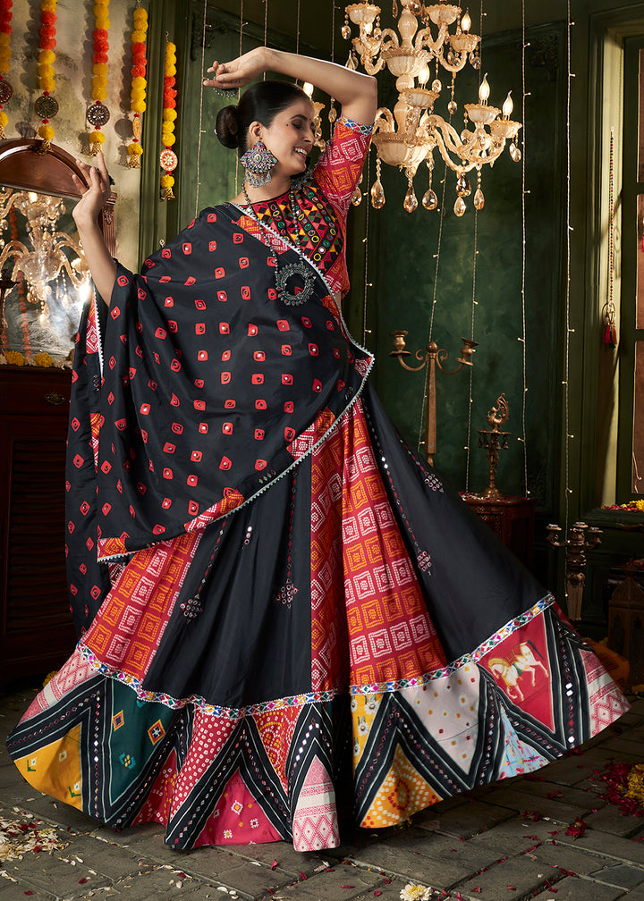 Buy Now Black Multicolor Printed & Mirror Work Chaniya Choli for Navratri Online in USA, UK, Canada & Worldwide at Empress Clothing.