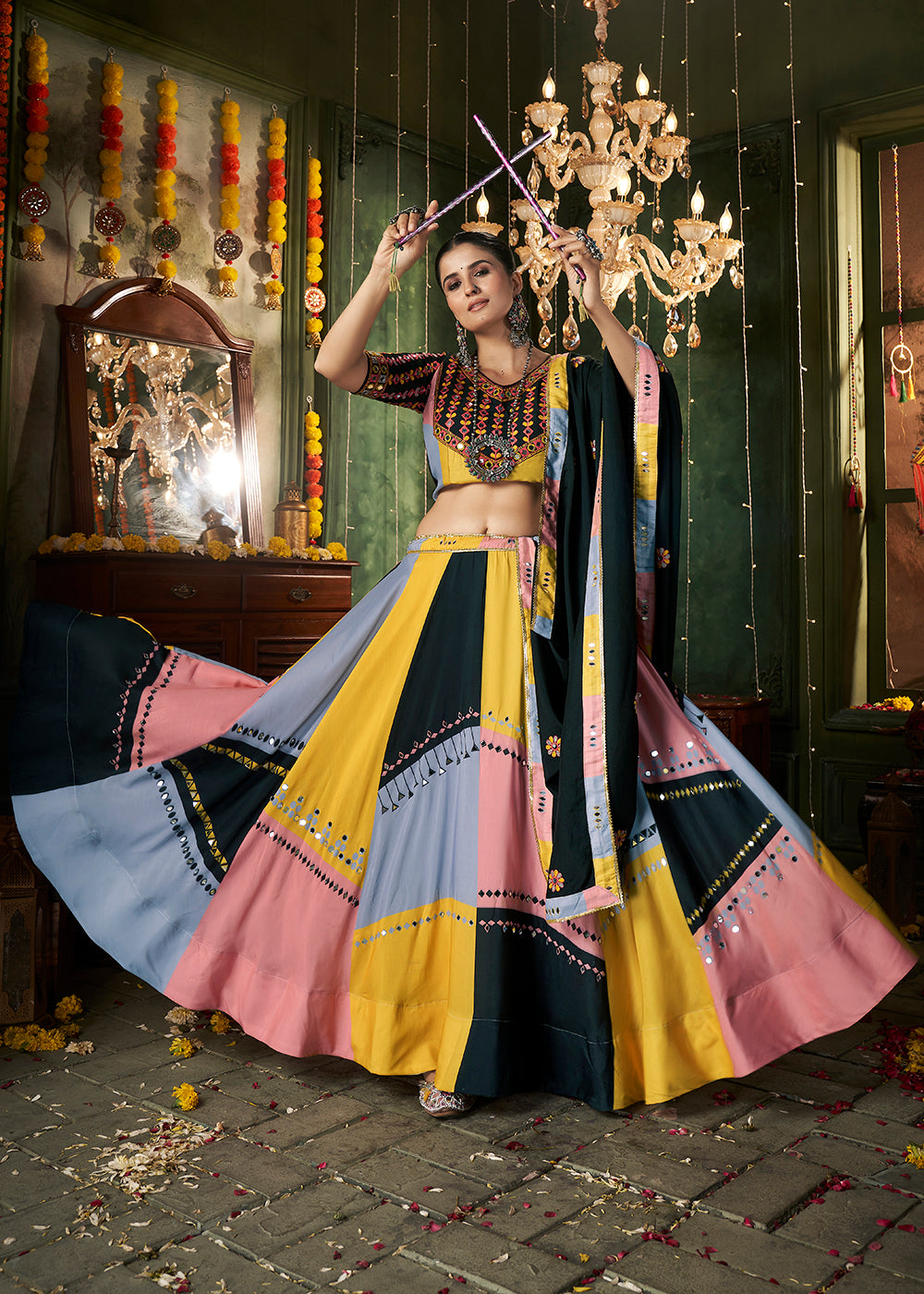 Buy Now Multicolor Printed & Mirror Work Chaniya Choli for Navratri Online in USA, UK, Canada & Worldwide at Empress Clothing. 