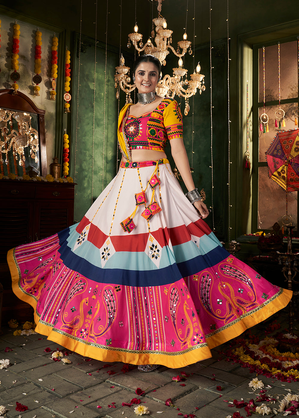 Buy Now Multicolor White Mirror Work & Printed Chaniya Choli for Navratri Online in USA, UK, Canada & Worldwide at Empress Clothing.