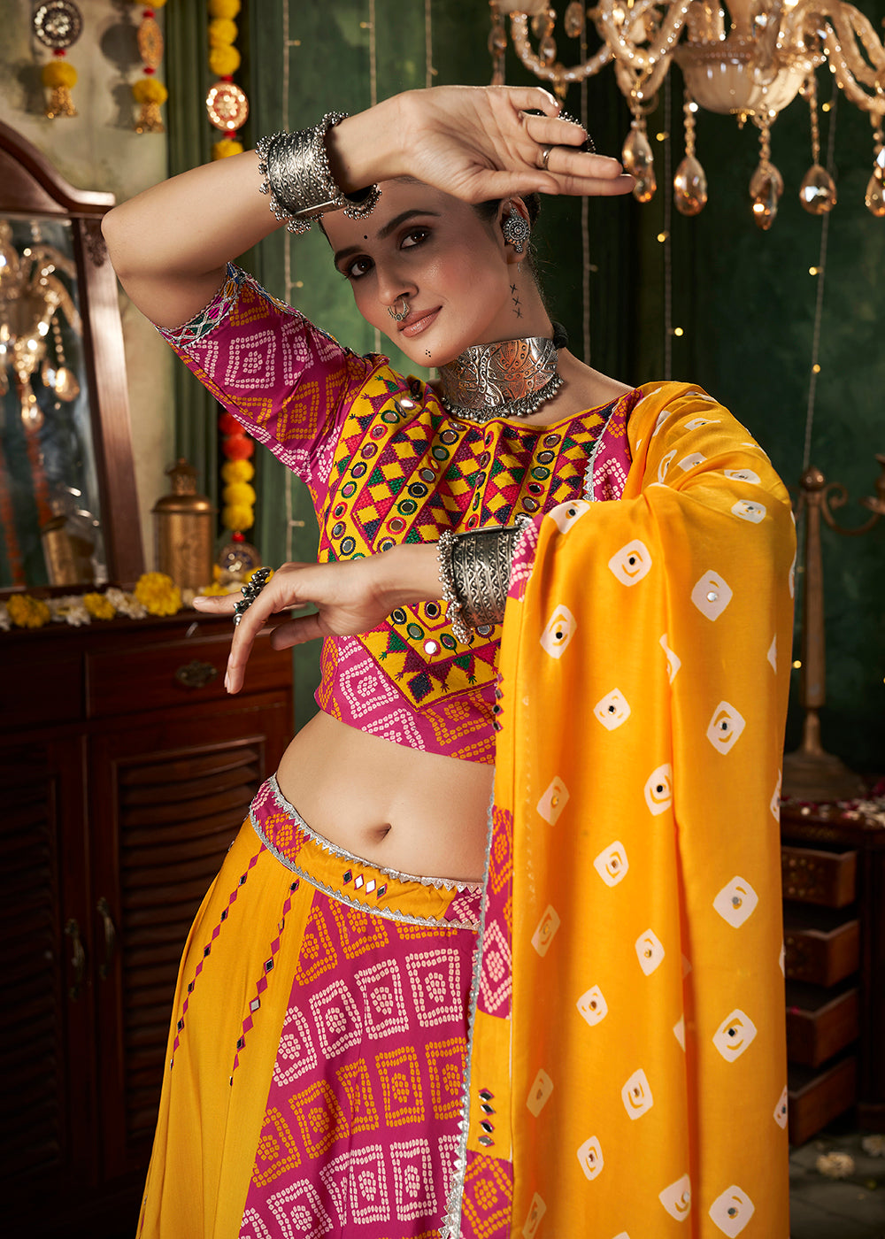 Buy Now Yellow Multicolor Mirror Work & Printed Chaniya Choli for Navratri Online in USA, UK, Canada & Worldwide at Empress Clothing.