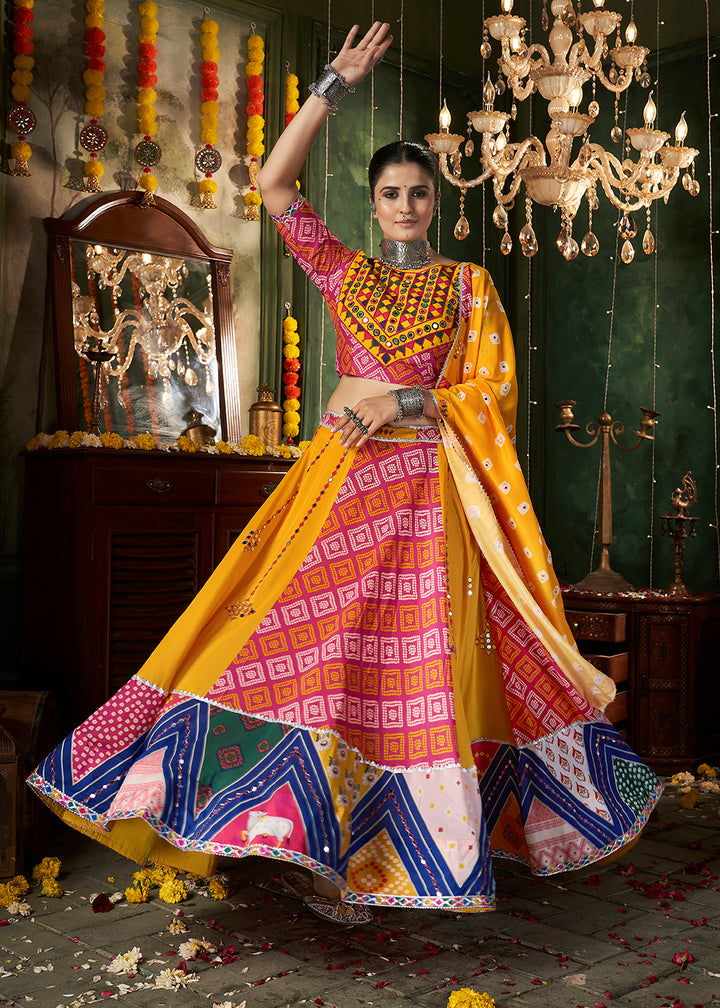 Buy Now Yellow Multicolor Mirror Work & Printed Chaniya Choli for Navratri Online in USA, UK, Canada & Worldwide at Empress Clothing.