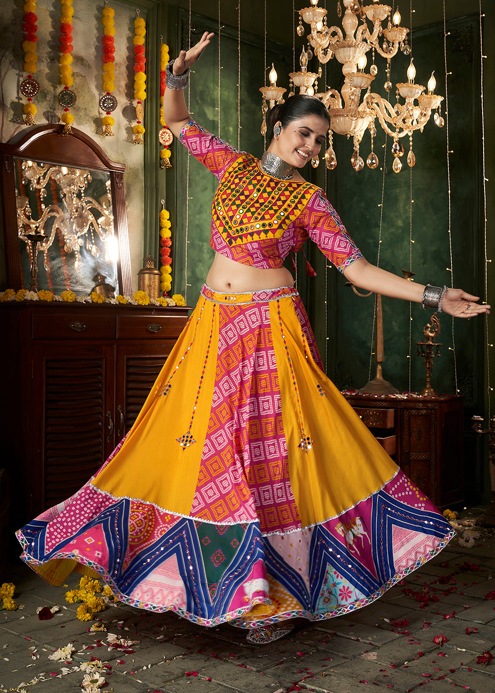 Buy Now Yellow Multicolor Mirror Work & Printed Chaniya Choli for Navratri Online in USA, UK, Canada & Worldwide at Empress Clothing.