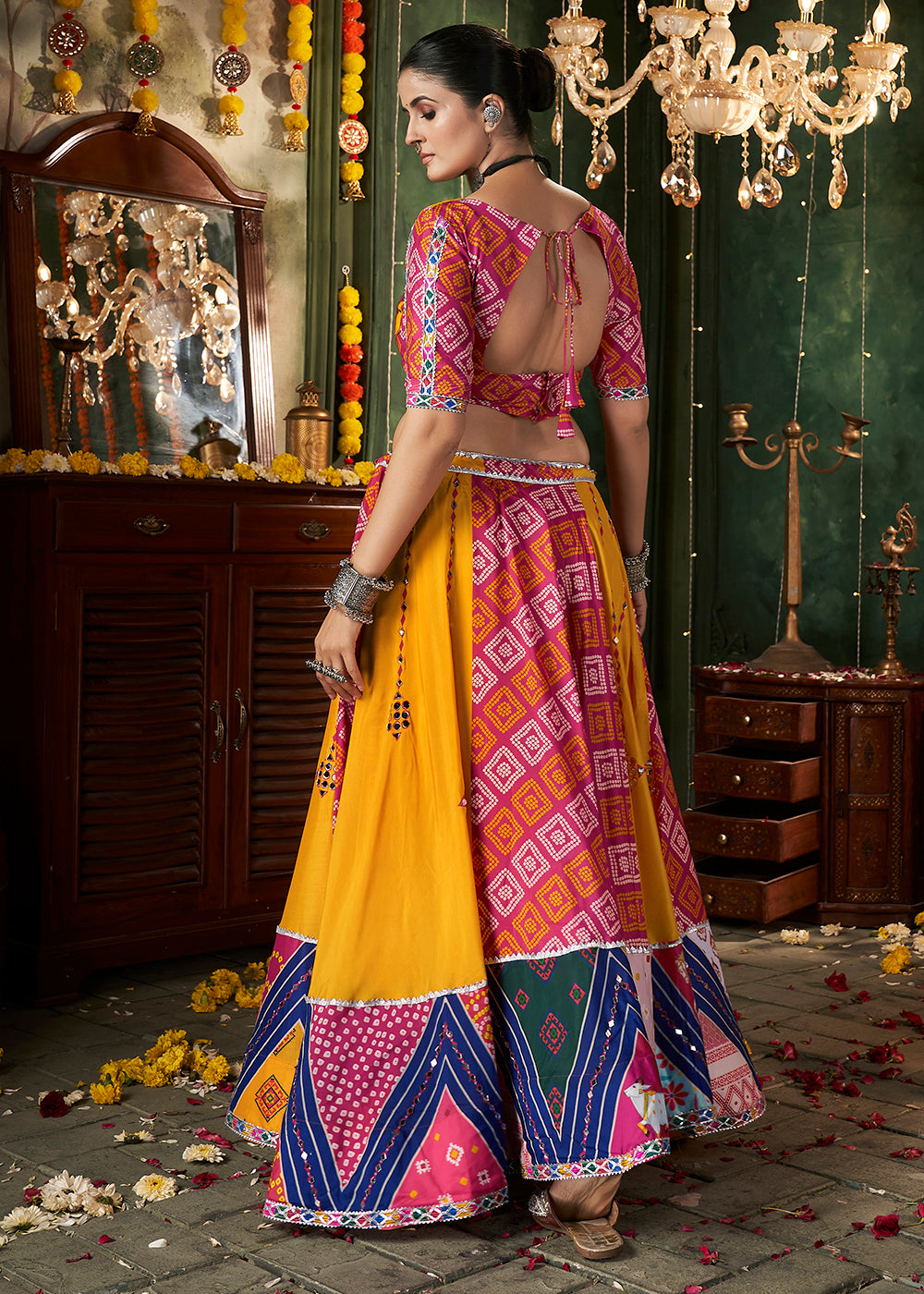 Buy Now Yellow Multicolor Mirror Work & Printed Chaniya Choli for Navratri Online in USA, UK, Canada & Worldwide at Empress Clothing.