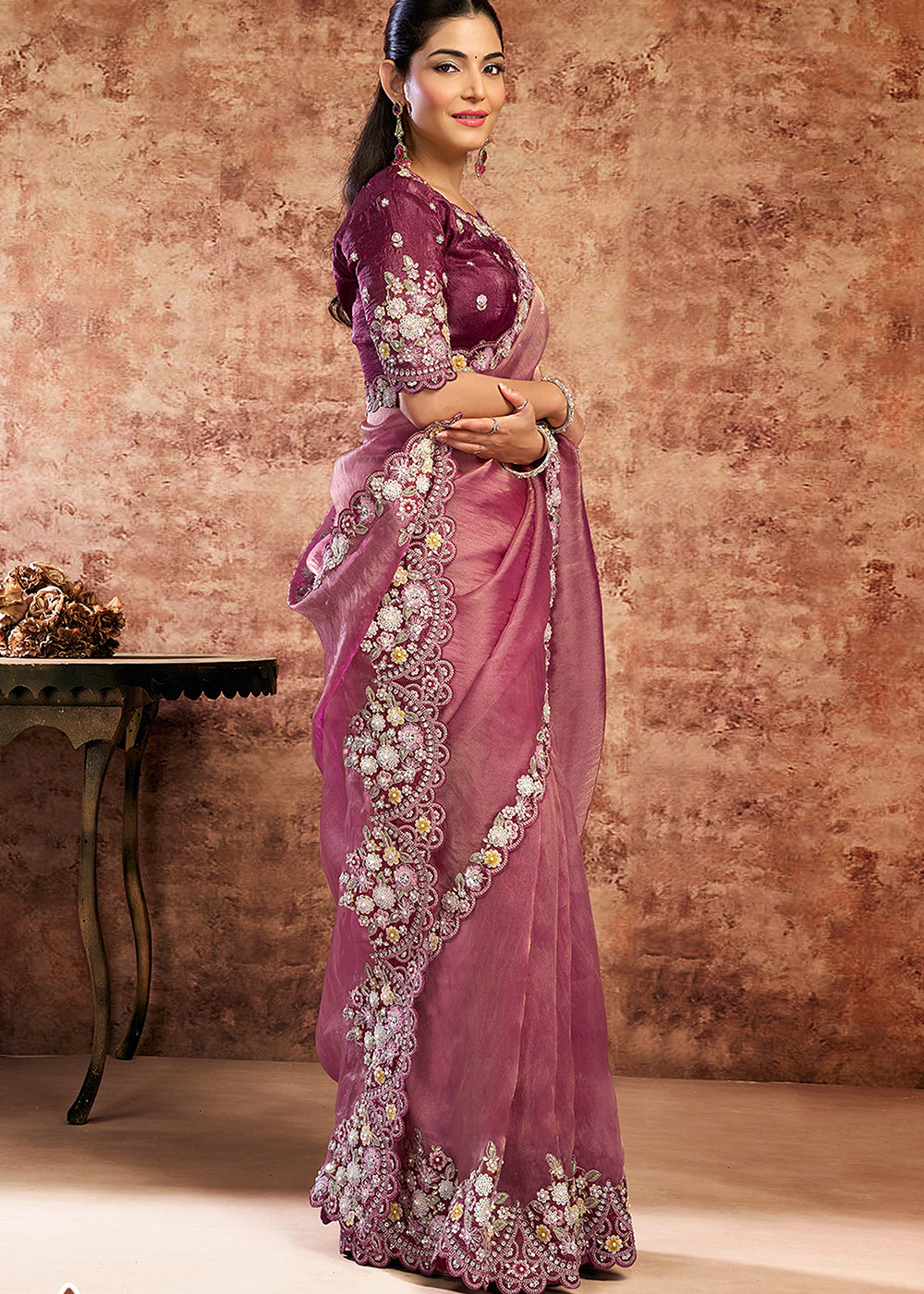 Buy Now Designer Wine Embroidered Wedding Style Saree Online in USA, UK, Canada, France, Germany, Denmark, Sweden, Italy, Netherlands &amp; Worldwide at Empress.