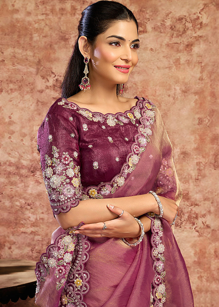 Buy Now Designer Wine Embroidered Wedding Style Saree Online in USA, UK, Canada, France, Germany, Denmark, Sweden, Italy, Netherlands &amp; Worldwide at Empress.