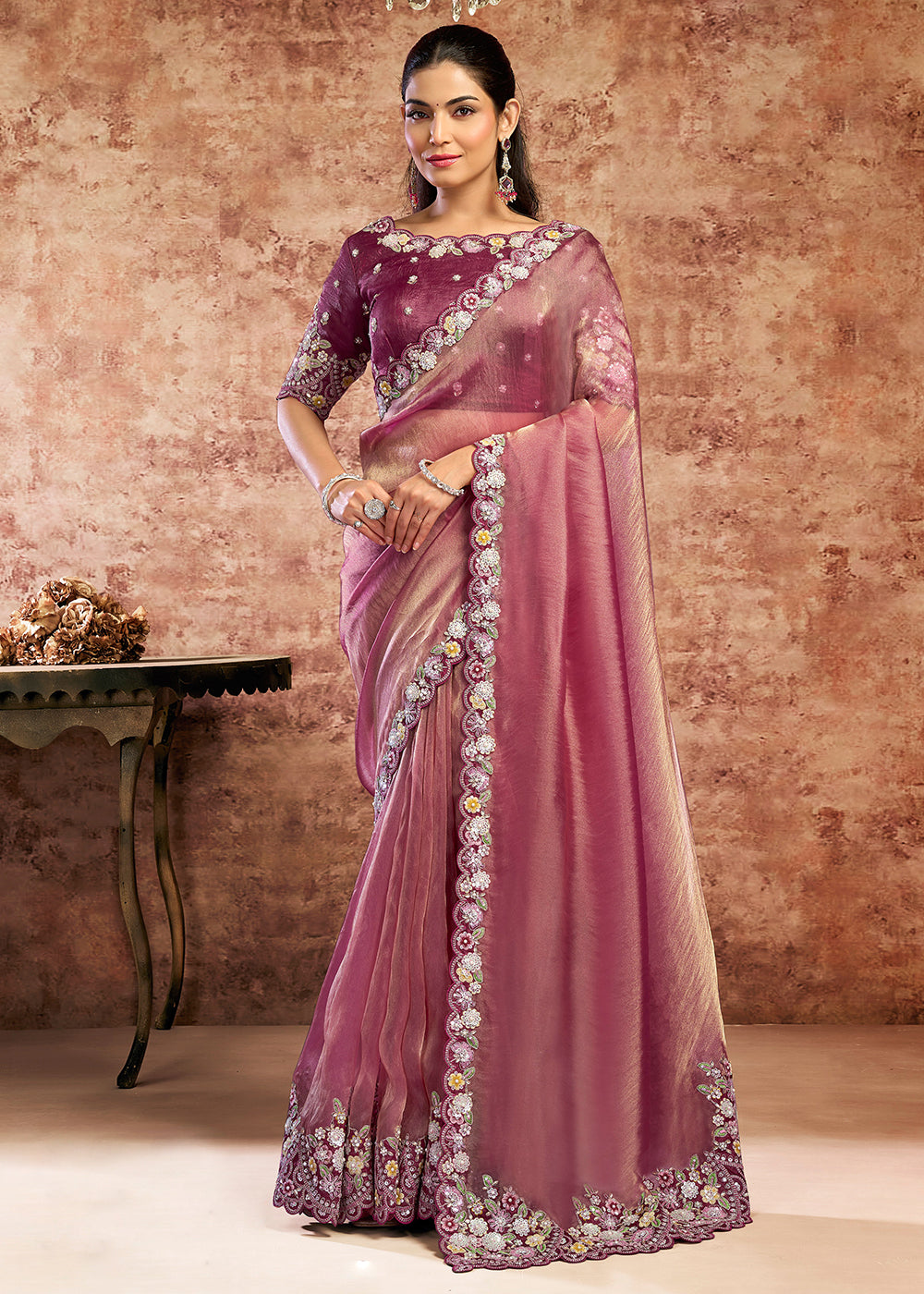 Buy Now Designer Wine Embroidered Wedding Style Saree Online in USA, UK, Canada, France, Germany, Denmark, Sweden, Italy, Netherlands & Worldwide at Empress.