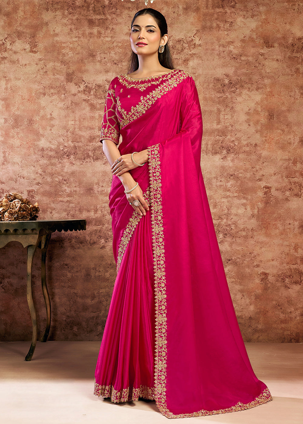 Buy Now Designer Rani Embroidered Wedding Style Saree Online in USA, UK, Canada, France, Germany, Denmark, Sweden, Italy, Netherlands &amp; Worldwide at Empress.