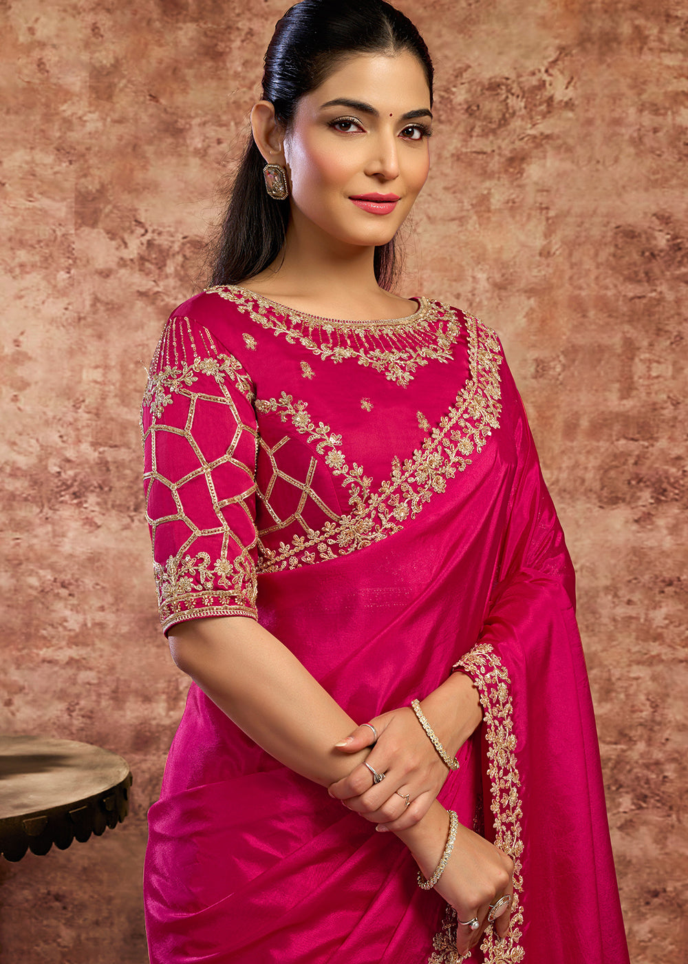 Buy Now Designer Rani Embroidered Wedding Style Saree Online in USA, UK, Canada, France, Germany, Denmark, Sweden, Italy, Netherlands & Worldwide at Empress.