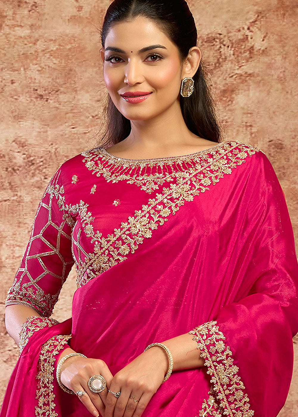 Buy Now Designer Rani Embroidered Wedding Style Saree Online in USA, UK, Canada, France, Germany, Denmark, Sweden, Italy, Netherlands &amp; Worldwide at Empress.