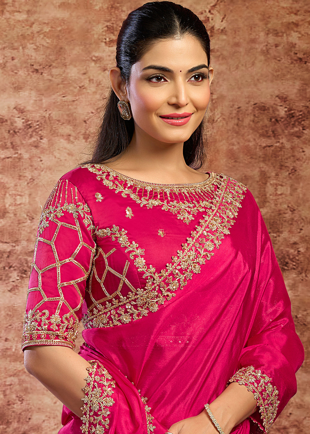 Buy Now Designer Rani Embroidered Wedding Style Saree Online in USA, UK, Canada, France, Germany, Denmark, Sweden, Italy, Netherlands &amp; Worldwide at Empress.