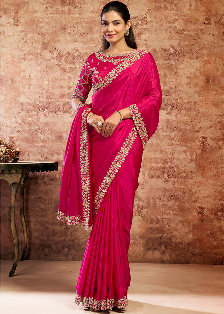 Buy Now Designer Rani Embroidered Wedding Style Saree Online in USA, UK, Canada, France, Germany, Denmark, Sweden, Italy, Netherlands &amp; Worldwide at Empress.