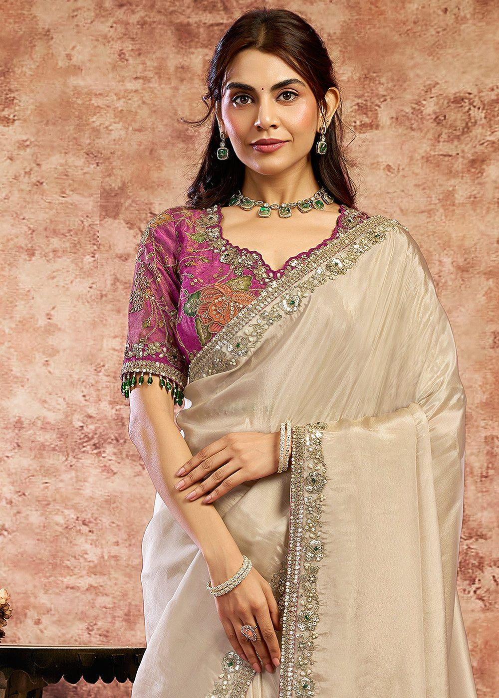Buy Now Designer Chiku Embroidered Wedding Style Saree Online in USA, UK, Canada, France, Germany, Denmark, Sweden, Italy, Netherlands &amp; Worldwide at Empress.