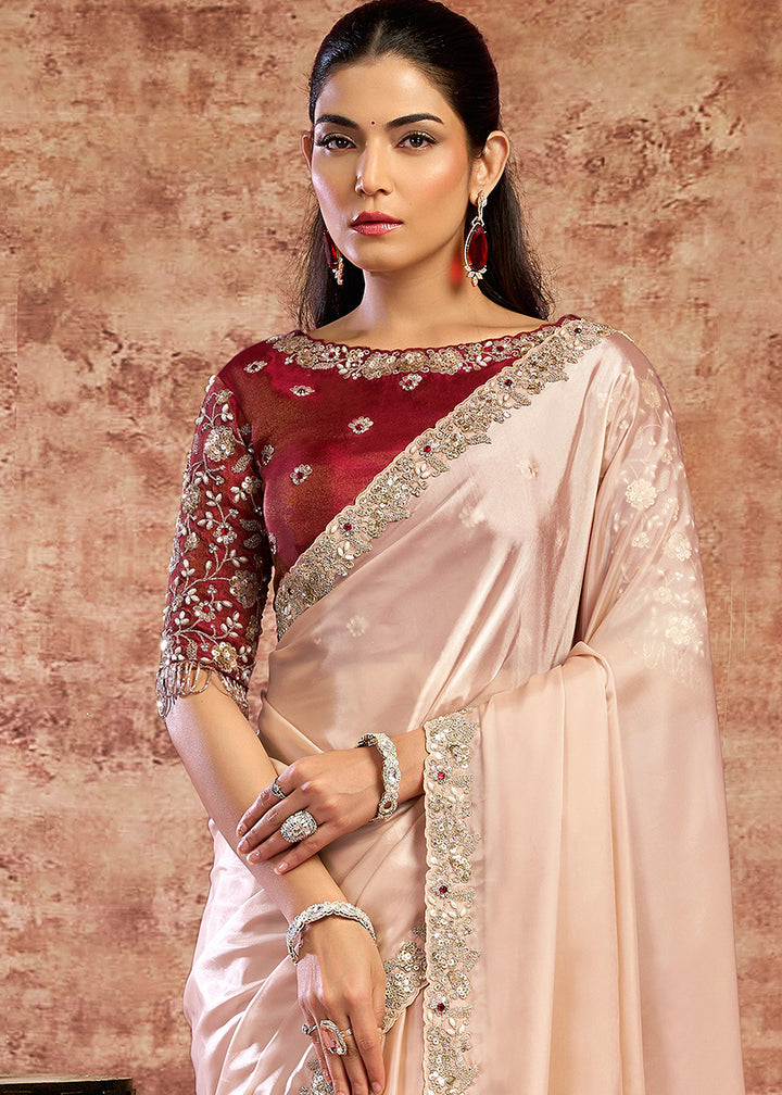 Buy Now Designer Peach Embroidered Wedding Style Saree Online in USA, UK, Canada, France, Germany, Denmark, Sweden, Italy, Netherlands &amp; Worldwide at Empress.