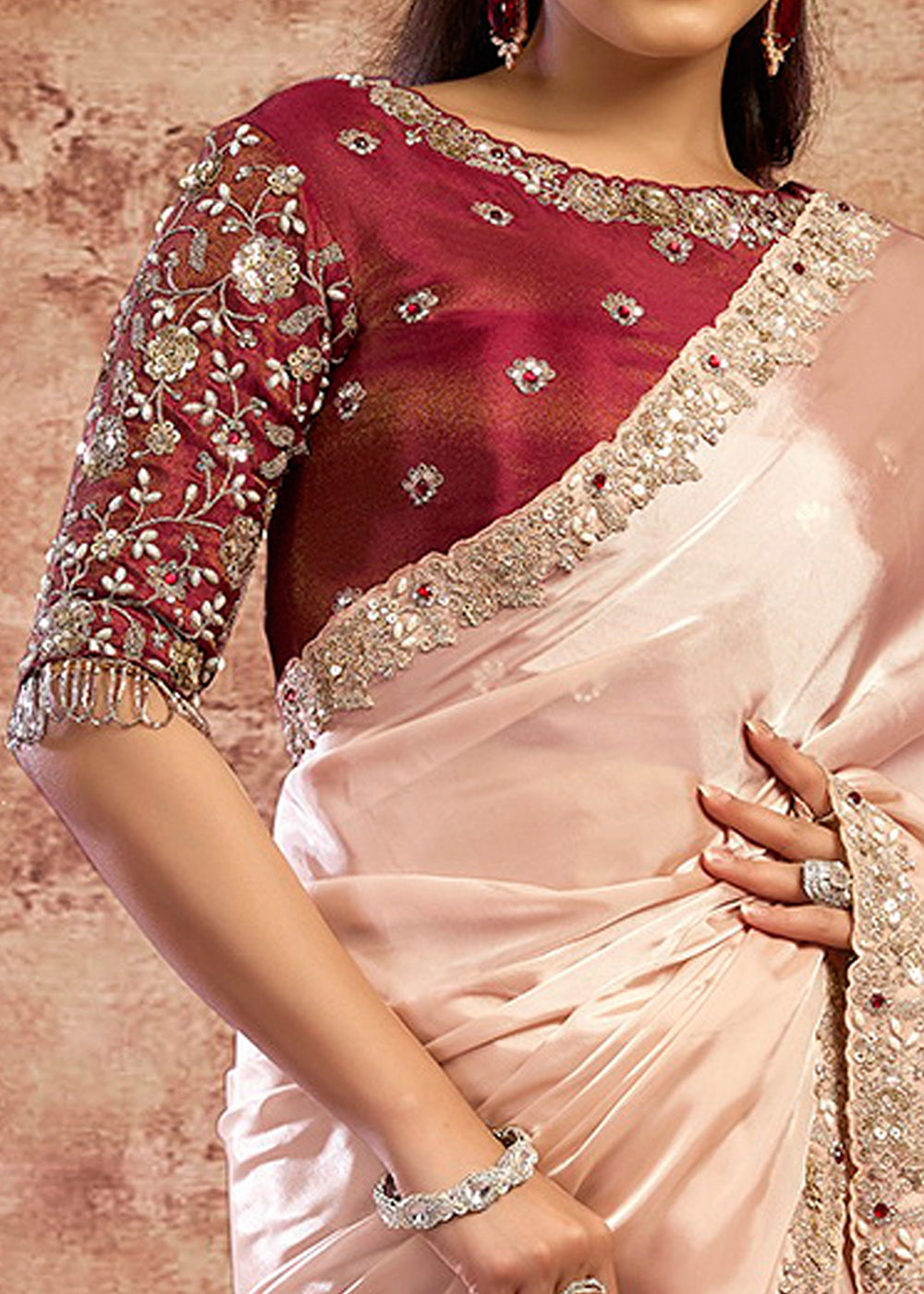 Buy Now Designer Peach Embroidered Wedding Style Saree Online in USA, UK, Canada, France, Germany, Denmark, Sweden, Italy, Netherlands &amp; Worldwide at Empress.