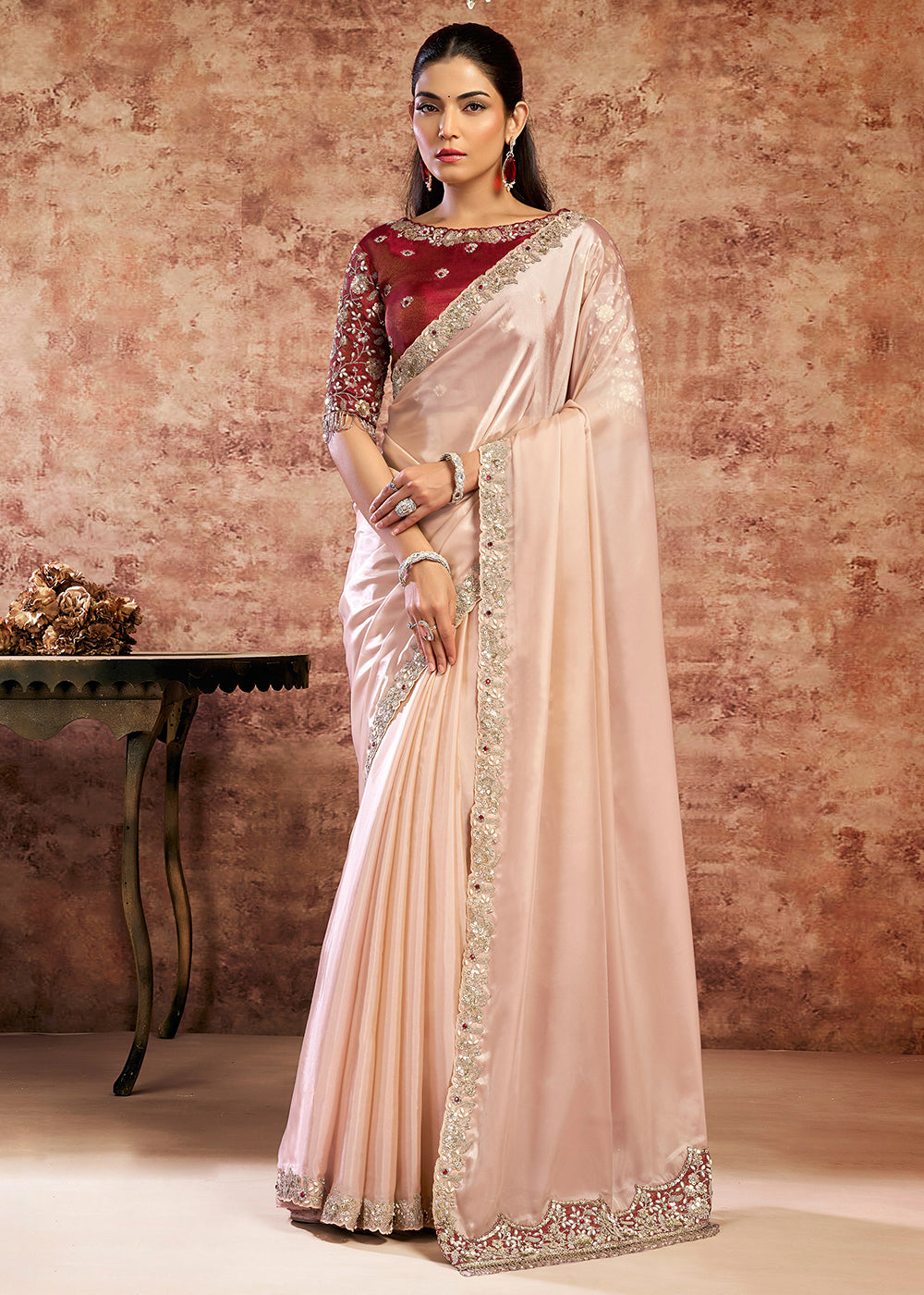 Buy Now Designer Peach Embroidered Wedding Style Saree Online in USA, UK, Canada, France, Germany, Denmark, Sweden, Italy, Netherlands & Worldwide at Empress.