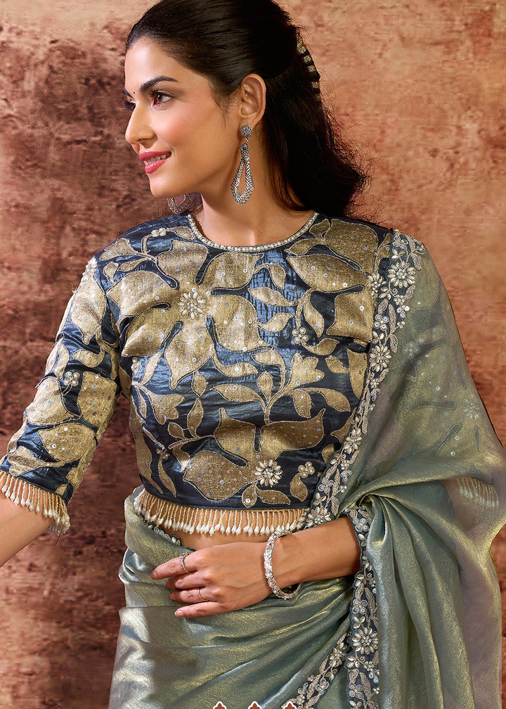 Buy Now Designer Grey Embroidered Wedding Style Saree Online in USA, UK, Canada, France, Germany, Denmark, Sweden, Italy, Netherlands &amp; Worldwide at Empress.