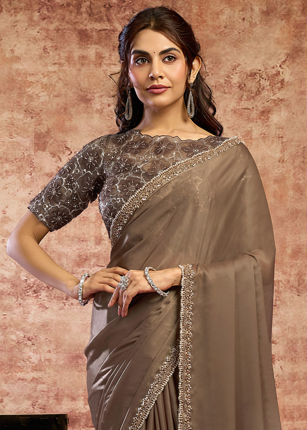 Buy Now Designer Brown Embroidered Wedding Style Saree Online in USA, UK, Canada, France, Germany, Denmark, Sweden, Italy, Netherlands &amp; Worldwide at Empress.